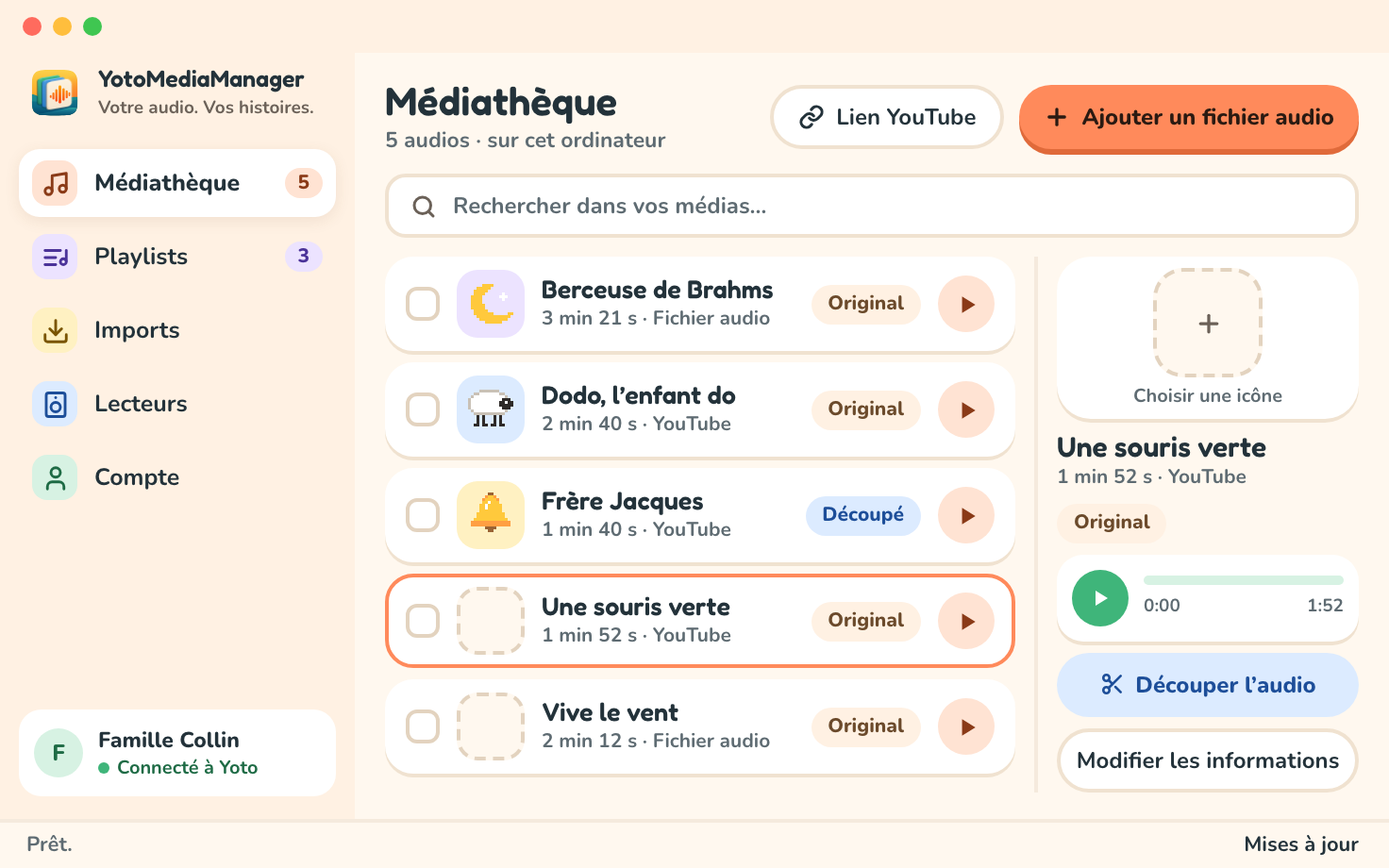 La médiathèque : chaque média affiche son icône ou un emplacement vide, sa version, Original ou Découpé, et un bouton de lecture ; la chanson ouverte montre son lecteur et Découper l’audio dans le panneau latéral