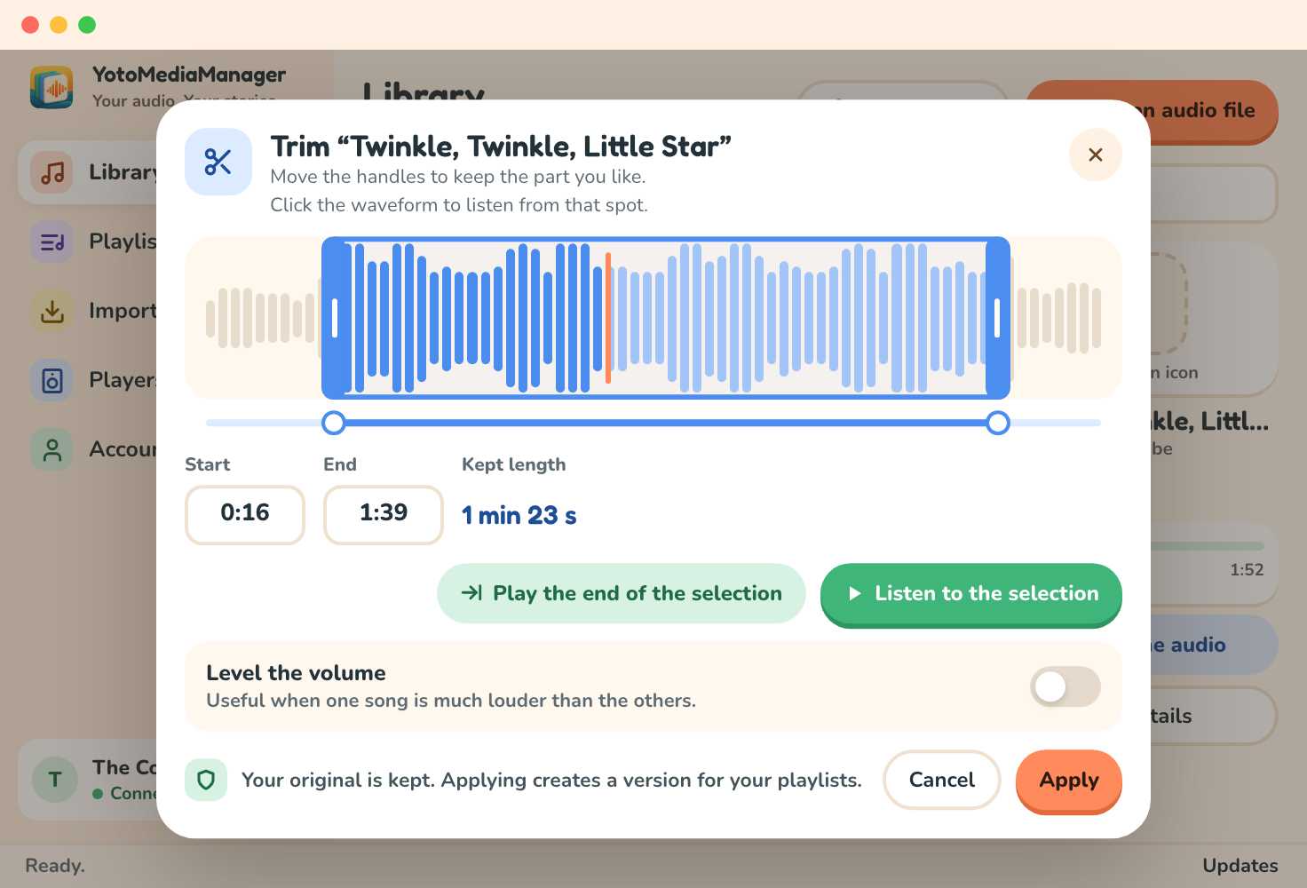 The trimming dialog: the two handles around the kept part, the playhead, the start, end and kept length, Listen to the selection and Apply
