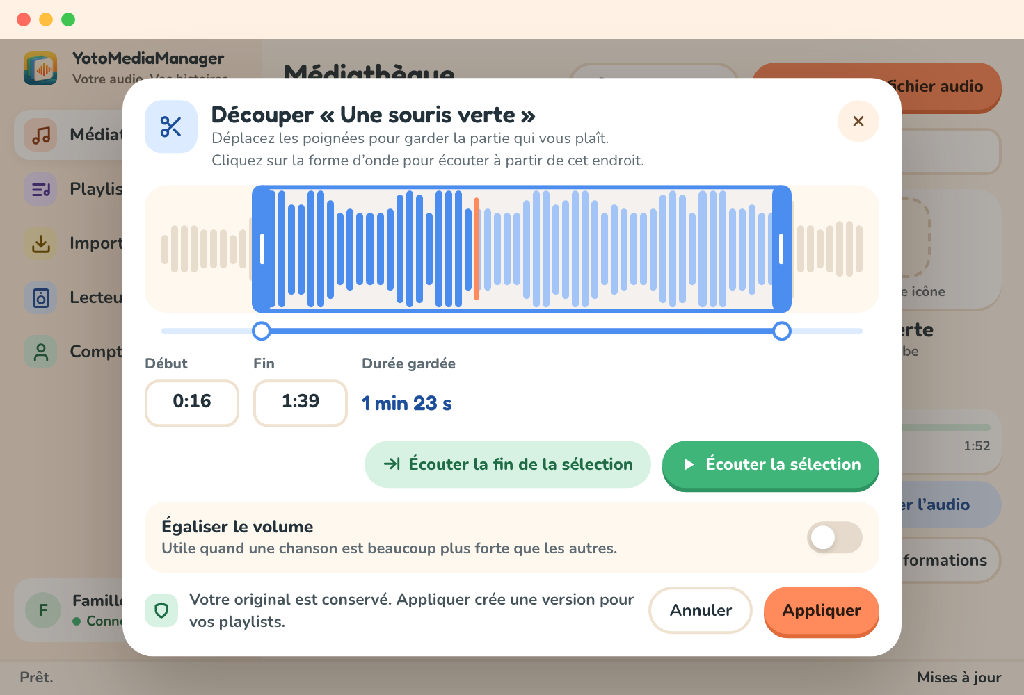 Le dialogue de découpe : les deux poignées autour de la partie gardée, la tête de lecture, le début, la fin et la durée gardée, Écouter la sélection et Appliquer